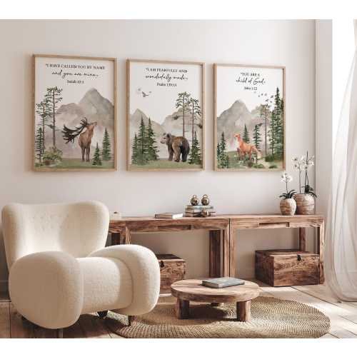 Scripture Woodland Nursery wall art PRINTED Mountain wall art, tree nursery decor Forest nursery Nursery Prints Watercolor Woodland- W05-S