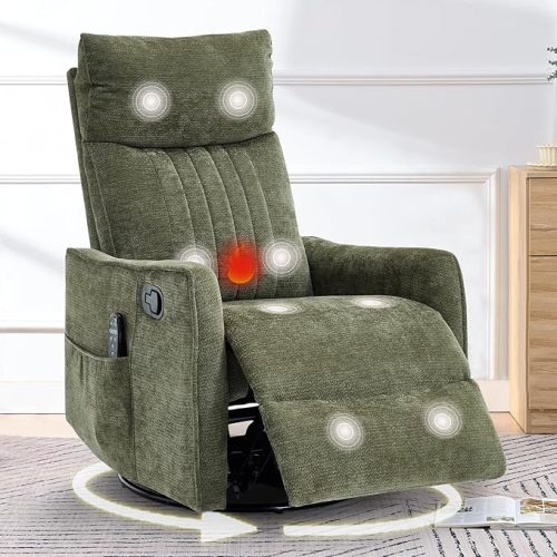 cinkehome Swivel Rocker Recliner, Glider Rocking Recliner Chair for Nursery, Manual Reclining Chair with Heated Massage, Small Spaces, Living Room, Olive Green Chenille