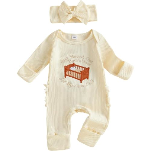 allshope Infant Baby Girl Fall Outfit Romper Ribbed Embroidery Jumpsuit Long Sleeve Bodysuit Cute Newborn Clothes