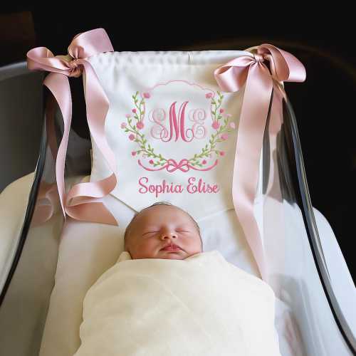 Custom Baby Banner with Flower, Welcome Banner with Floral crest, Bows Baby Banner, Hospital Door Sign, Baby Shower Gifts, Newborn Gifts
