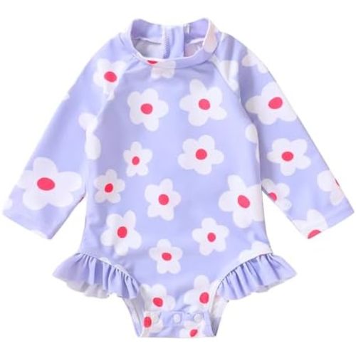 YOUNGER TREE Baby Swimsuit Girl Long Sleeve Ruffle Zipper Rash Guard Infant One Piece Swimwear Toddler Bathing Suit Girl