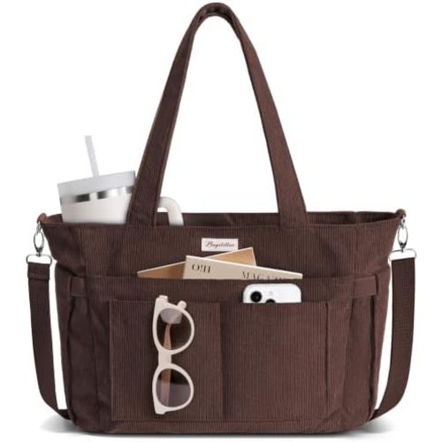 Bagstellar Corduroy Tote Bag for Women, 17 Pockets Laptop Work Tote Purse