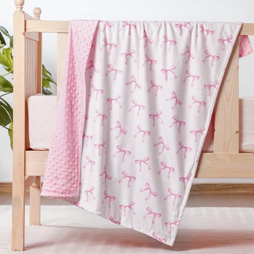 SmoothNovelty Pink Bow Baby Blanket for Girls 40 x 30 Inch Soft Swaddle Receiving Blanket with Dotted Backing Double Layer Preppy Nursery Decor for Infants Newborn Toddler Swaddle Baby Shower Supplies
