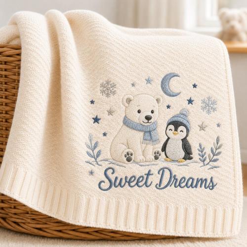 Personalized Baby Blanket with Name, Custom Embroidered Polar Bear & Penguin, Soft Knit Newborn Keepsake, Cozy Winter Nursery Decor