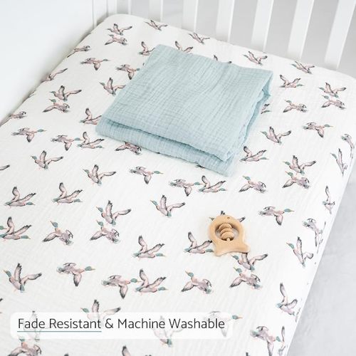 LollyBanks Muslin Crib Sheet 1 Pack, 100% Cotton Soft and Breathable Fitted Crib Sheet for Boys and Girls, Cozy and Snug Neutral Baby Sheets for Standard 52 x 28 inches Mattress (Mallard Duck Print)