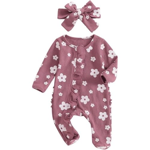 Newborn Baby Girl Fall Winter Outfits Clothes Knit Jumpsuit Ruffle Romper Newborn Coming Home Outfit for Baby Girl