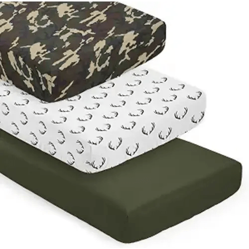 Sweet Jojo Designs 3-Piece Baby Crib Sheets Set (Woodland Camo Deer) for Boys, Infant Nursery, Toddler Room - Fitted, Standard Size (Solid Green, White/Black Antler & Forest, Rustic Beige/Black Plaid)