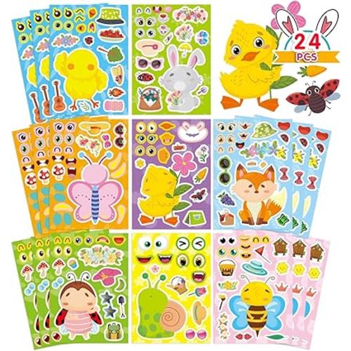 24 Sheets Spring Stickers for Kids Toddlers, Make Your Own Stickers 8 Designs of Animal Chicken Fox Rabbit Bee Butterfly, Easter Stickers Spring Party Supplies Teachers Classroom Reward