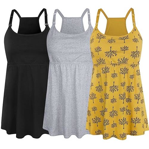 SUIEK 3 Pack Maternity Nursing Tank Tops with Bralette Cotton Breastfeeding Camisole