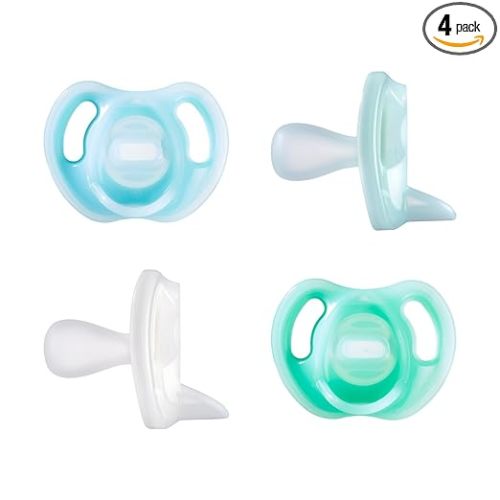 Tommee Tippee Ultra-Light Silicone Pacifier, 0-6 Months, Symmetrical One-Piece Design, BPA-Free Silicone Binkies, Blue/Green/Clear, Pack of 4
