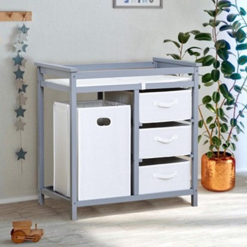 Modern Baby Changing Table ¨C Grey, with 3 Drawers, Laundry Hamper & Changing Pad for Nursery