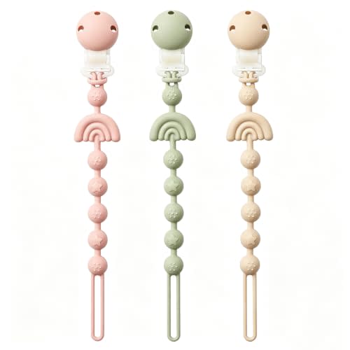Baby Pacifier Clips One Piece Binky Clip Holder Silicone Teether Clip Pacifier Straps with Clip Baby Teether Toys for Boys and Girls Set of 3 Andy Bear-Ivory+Sage+Blush