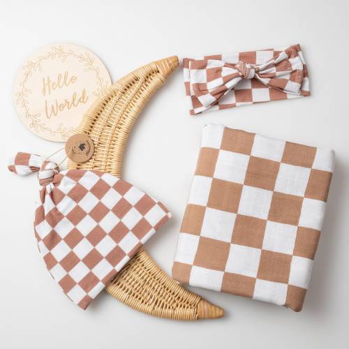 Organic Muslin Baby Blanket Set: Brown Checkered Swaddle, Hat, Birth Disc