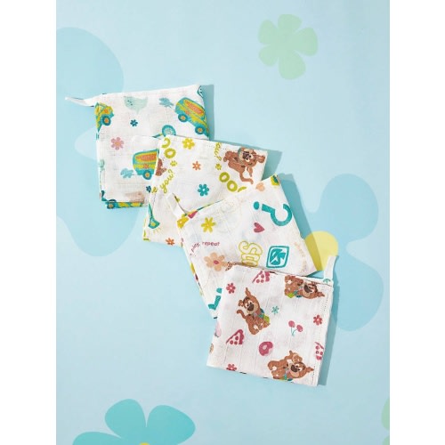 SCOOBY-DOO X SHEIN 4pcs/Set 30*30cm Baby Cartoon Print Natural Bamboo Fiber Burp Cloths, Face Towels, Multipurpose Gauze Cloths