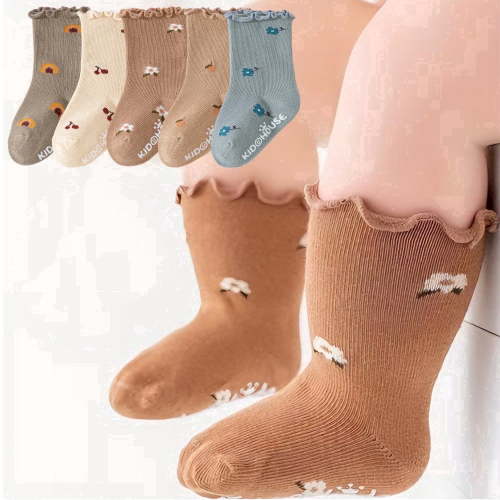 Baby Toddler Socks, Ruffled Edge Non-Slip Infant Girls Cotton Socks Cute Floral Soft Socks-5 Pairs,0-12M
