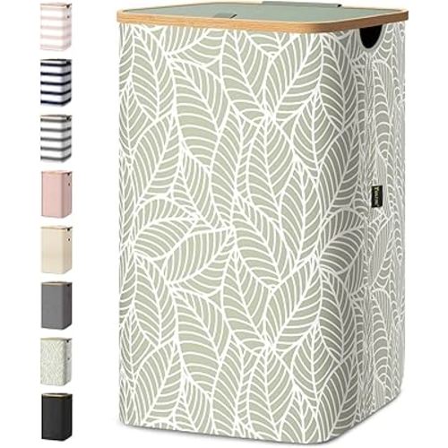 BALEINE Laundry Hamper with Lid, Tall Laundry Baskets with Bamboo Pull Handles, Large Laundry Bin with Internal Support (26 Gal/100L, Antique Foliage)