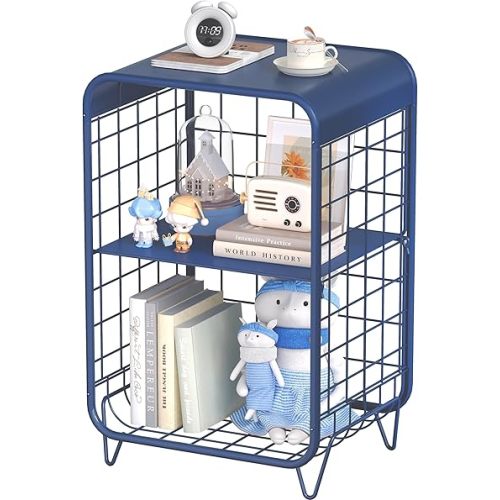 APEXCHASER Cute Nightstand,Metal Side Table,3-Tier Modern End Table with Storage Shelf, Unique Side Tables, Cute Coffee Table for Living Room, Small Table for Bedroom,Navy Blue