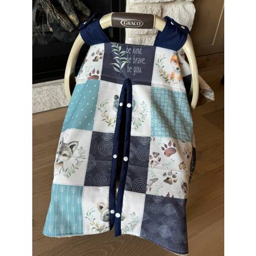 Cute Baby Car Seat Canopy Cover - Little Man Nursery Woodland Animals - All Cotton or Minky - Baby Boy - Shower Gift