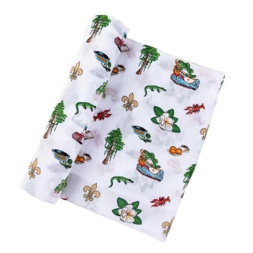 Louisiana Baby Swaddle: Bamboo Cotton Muslin Gauze, Alligator Fleur-de-lis Print