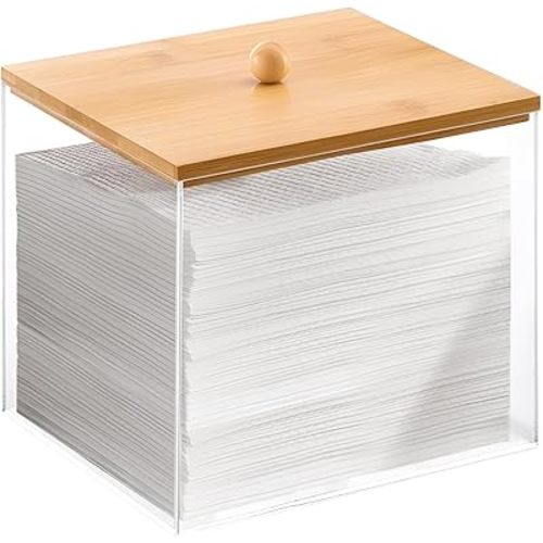 Puricon Acrylic Disposable Facial Towels Holder, Clear Storage Bin with Wood Lid Compatible with Clean Skin Club Towel (NOT Included), Face Towelettes Container for Bathroom Counter -Nature