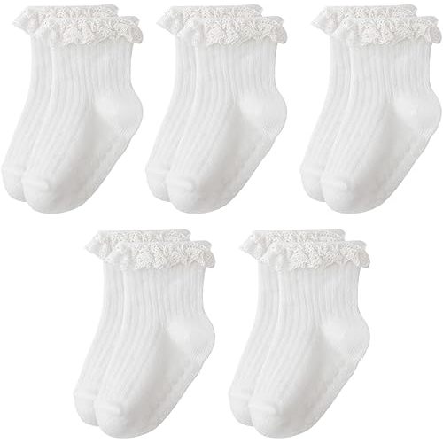 Meeshine Baby Toddler Girls Anti Slip Ruffle Socks with Grips Newborn Infant Cotton Non Skid Frilly Dress Socks, 5 Packs
