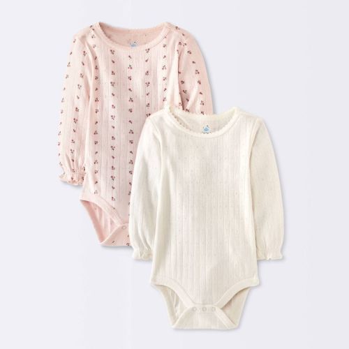 Baby Girls' 2pk Pointelle Floral Long Sleeve Bodysuits - Cloud Island™ Pink/Ivory 0-3M