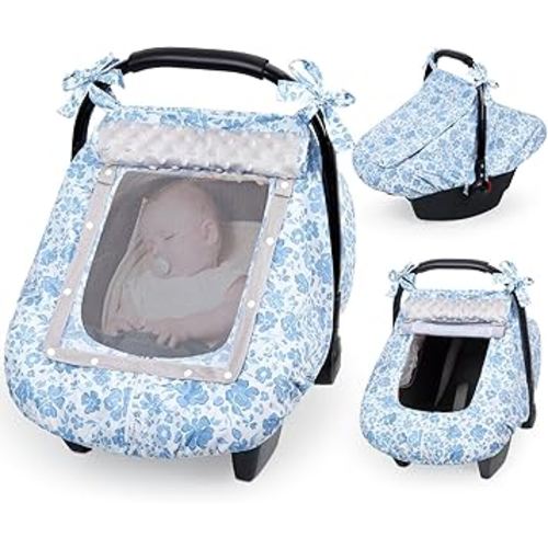 FIOBEE Baby Car Seat Cover, Car Seat Covers for Babies Infant Car Seat Canopy with Breathable Mesh Window Waterproof Carseat Cover for Babies Boy Girl 4 Seasons, Ice Blue Floral