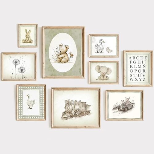 Vintage Nursery Wall Art Decor Baby Room Prints Sage Green Nursery Wall Decor Bear Duck Pictures Kids Poster Bunny Artwork Neutral Toddler Painting for Gallery Bedroom 8x10 Inch Unframed Set of 9