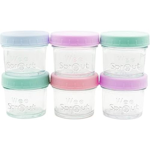 WeeSprout Baby Food Storage Glass Jars w/Lids (4 oz, 6 Pack) Pastel Variety, Snack, Reusable Small Containers, Fridge or Freezer, Microwave & Dishwasher Safe, Essentials for Infants