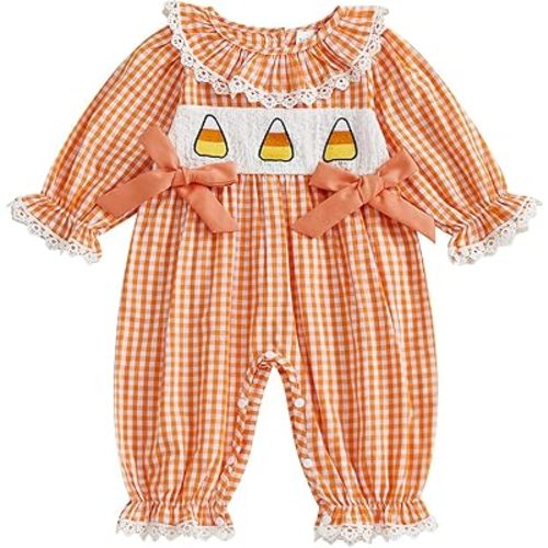 Newborn Baby Girl Halloween Outfit Doll Collar Pumpkin Jumpsuit Romper Ruffle Sleeve Bodysuit Long Overalls with Bow