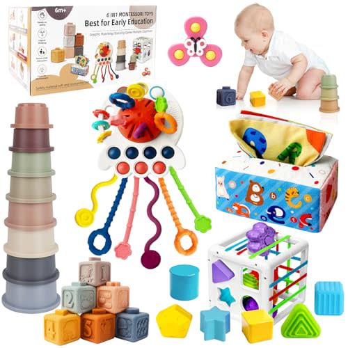 EPOGG 6 in 1 Montessori Toys for Babies 6-12 Months Up - Incl Pull String Toy, Stacking Cups, Tissue Box, Suction Cup Spinner, Stacking Blocks,Activity Cube, Baby Toys for 1 2 3 Year Old
