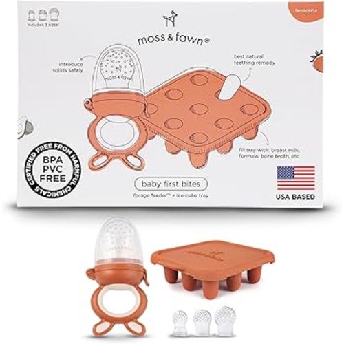 Moss and Fawn Baby's First Bites Bundle - Silicone Frozen Breast Milk Popsicle Kit with Forage Feeder & Teething Popsicle Ice Cube Tray - BPA, PVC, & Lead-Free - Terracotta