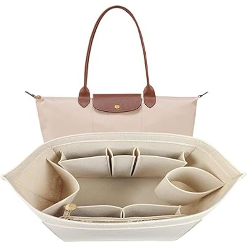Lckaey purse organizer inserts with zipper shelf bag insert for longchamp tote organizar divider le pliage hand 026khaki-L