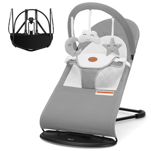 HKAI Baby Bouncer, Portable Baby Bouncer Seat for Babies 0-18 Months, 100% Cotton Fabrics, 3 Modes of use with Rocker and Stationary Options, Infant Rocker Chair with Hanging Toys-Light Grey