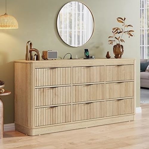 Curved Fluted Dresser for Bedroom with 9 Drawers, Modern Chest of Drawers with Power Outlets, 63" Wooden Dresser TV Stand Storage Organizer, Curved Anti-Collision Design, Metal Handle, Natural Oak