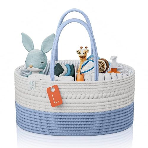 KiddyCare Diaper Caddy Baby Organizer Cart for Nursery | Car Diaper Caddy for Baby Boy/Girl | Baby Bath Storage/Shower Basket Gift for Changing Table with Handle Lid | Diaper Holder | Blue Large