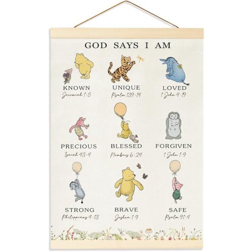 Winnie Biblical Affirmations Wall Art, The Pooh Canvas Wall Art Painting for Room, Wooden Hanging Rod Religious Gifts, Nursery Decoration For Boy or Girl