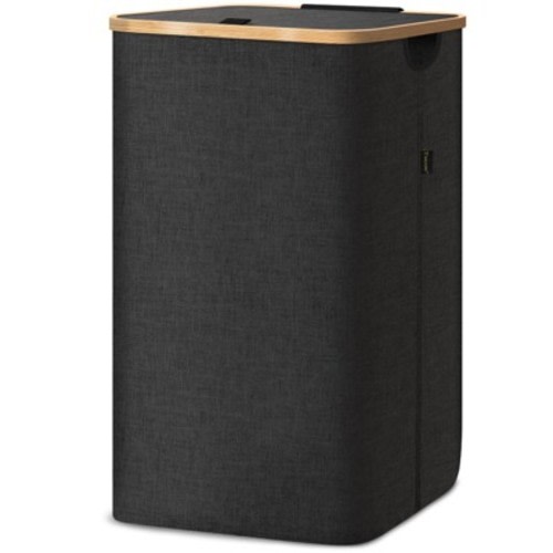 HOMLUX 2.8bu Laundry Hamper with Lid, Bamboo Pull Handles, Internal Support, Black