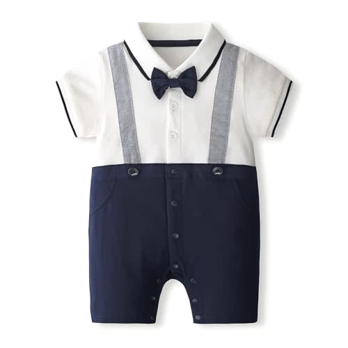 psainyal Baby Boy Romper Gentleman's Collared Polo Shirt Bow Tie short Sleeve Fake Two Piece Jumpsuit One-Piece Outfit