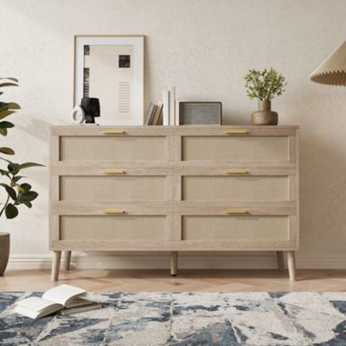 Mid-Century Modern 6-Drawer Rattan Dresser with Handles – 47.2" Wide Storage Chest, Large Table Top for Bedroom, Living Room, Hallway & Entryway
