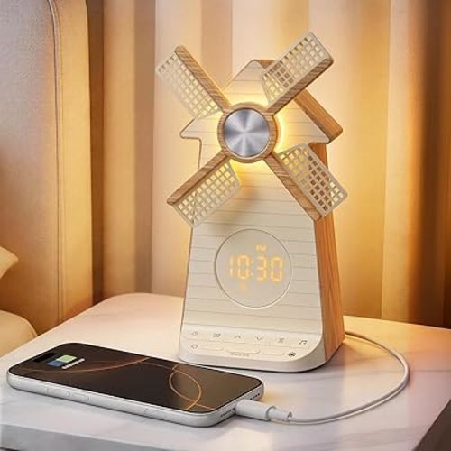 RETEYUNG Rotating Windmill Alarm Clock, Bedside Night Light with Snooze, 10 Nature Sounds & 10 White Noises, 15 Ringtones, USB Charging, 4-Tier Dimmer, 12 Volume,30/60/90 Min Timer for Kids Adults
