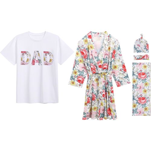 AWIBMK Mom and Me Robe and Swaddle Set and T-Shirt Hospital Labor Delivery Swaddling with Headband Hat for Mom Dad Baby