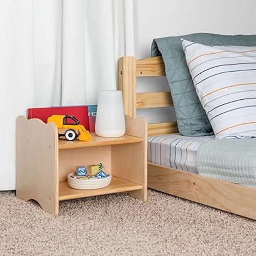 Kids Nightstand for Floor Beds, Solid Wood Small Bedside Table with Book Pocket, Low Tiny Nightstand for Nursery, Toddler & Kids Room, Montessori Style Side Table - Varnished