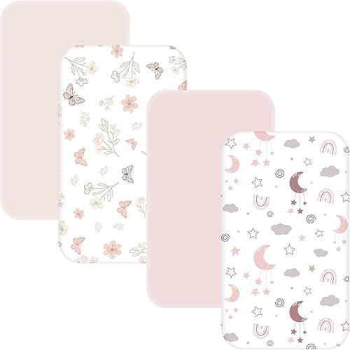 4 Pack Bedside Bassinet Sheets - 33"x20" Bassinet Sheets for Baby Delight, Angelbliss, Maxi-COSI & Most Regular Size Bedside Sleeper | Ultra Soft & Skin Friendly Bassinet Fitted Sheet for Girls