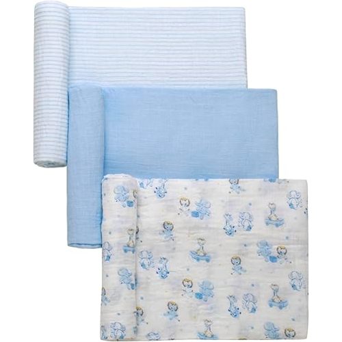 3 Pack Cotton Muslin Swaddle Blankets for Baby, 40" x 36", Lightweight, Breathable, Blue, (Nursery Animals, Giraffe, Lion, Elephant)