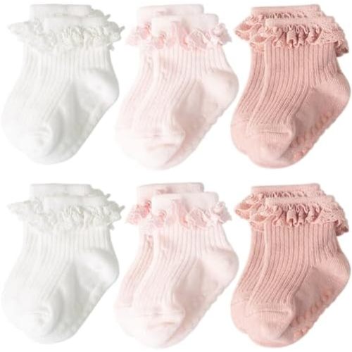 AQOKKA Baby Girl Toddlers Socks with Non-slip Grip Cute Frilly Ruffle Ankle Soft Cotton Newborn Baby Socks for Infant Kids