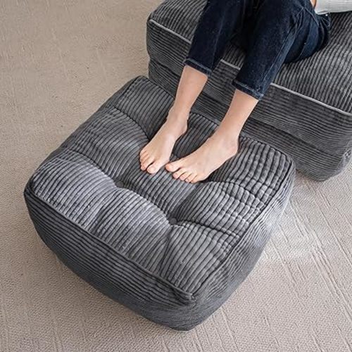 HIGOGOGO Square Stuffed Pouf Ottoman, Corduroy Poufs with Foam Chunk Filling, Furry and Fluffy Pouf Foot Stool Storage Ottoman, 21 X 21 Floor Poufs Foot Rest for Living Room, Dark Grey