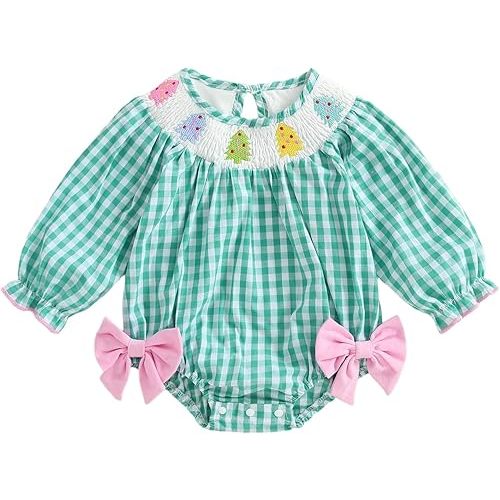 Sasaerucure Christmas Newborn Baby Girl Outfit Christmas Tree Plaid Long Sleeve Romper Bodysuit Smocked Bubble Clothes