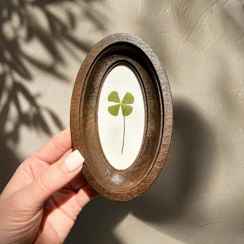 Four-leaf clover in oval frame, good luck charm, pressed clover, handmade botanical decor