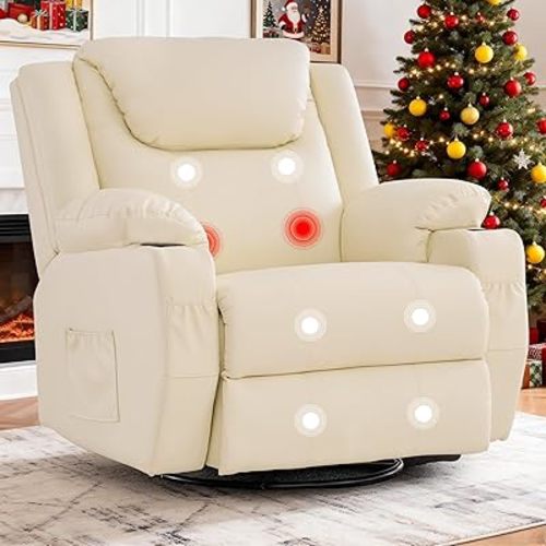 Oversized Recliner Chair, 360° Swivel Recliner for Adults,Swivel Rocker Recliner Chair with Heat and Massage, Manual Recliner with Remote Control and Cup Rolders for Living Room, Faux Leather